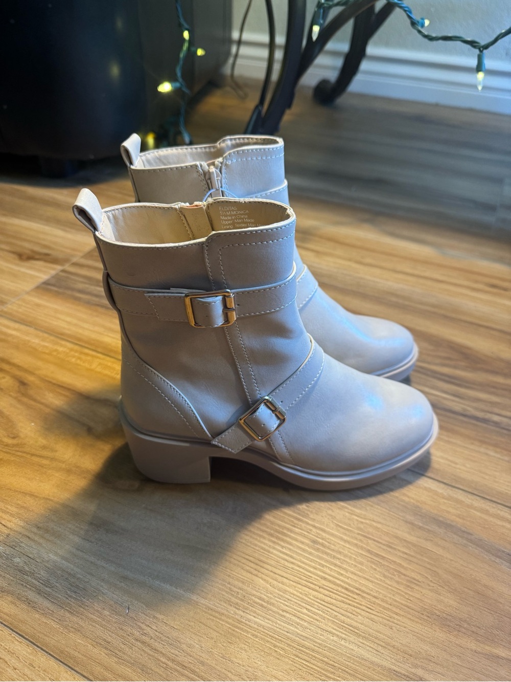 Women's Beige Buckle Ankle Faux Leather Boots